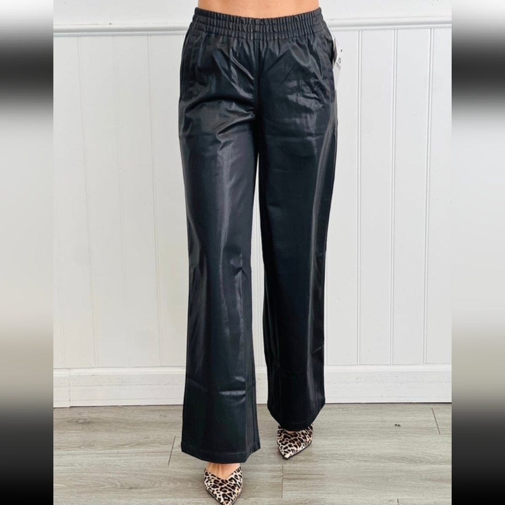 Mono B Black Wide Leg Pants Womens Large Black Faux Leather Casual